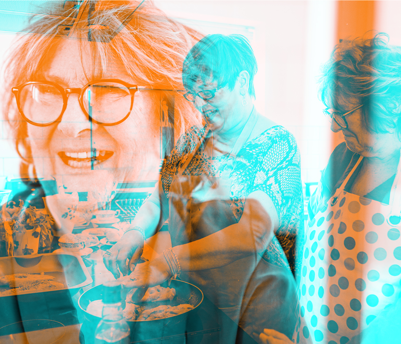 Woman wearing glasses and an apron prepares food in a kitchen. The same woman appears again in layered views, with another woman standing beside her.