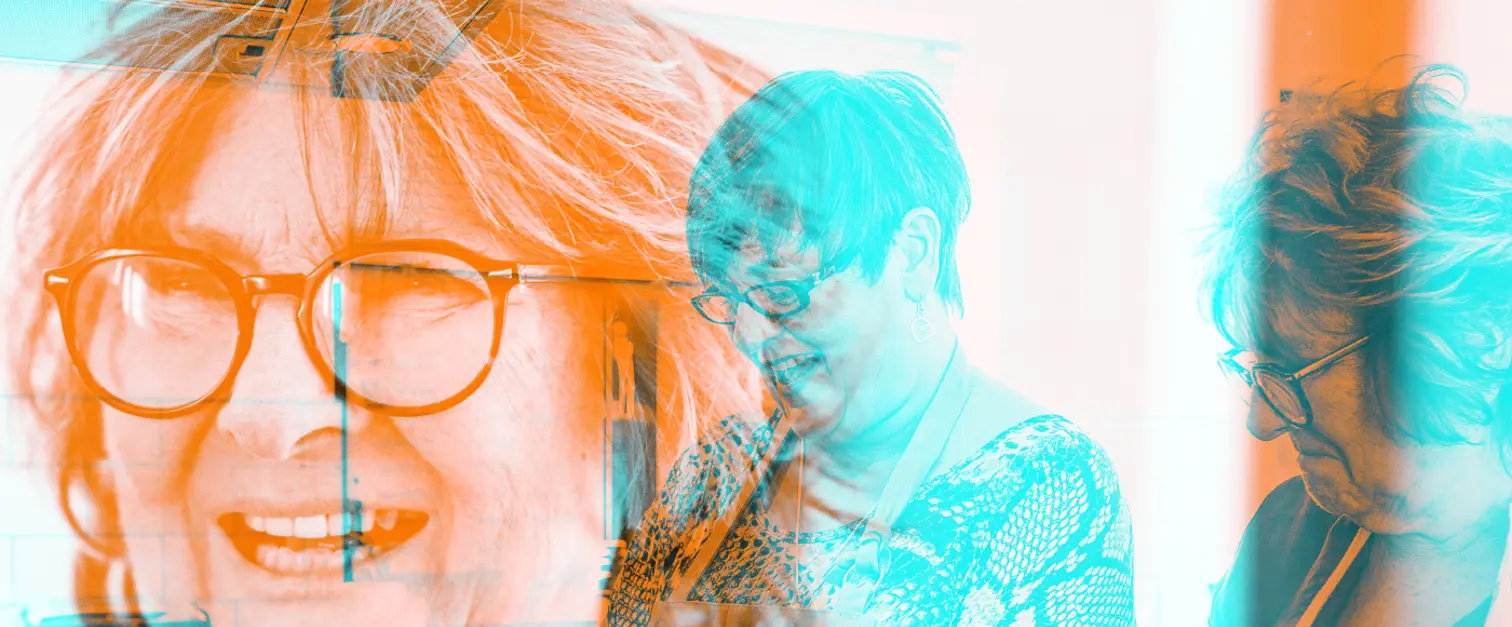 Woman wearing glasses and an apron prepares food in a kitchen. The same woman appears again in layered views, with another woman standing beside her.