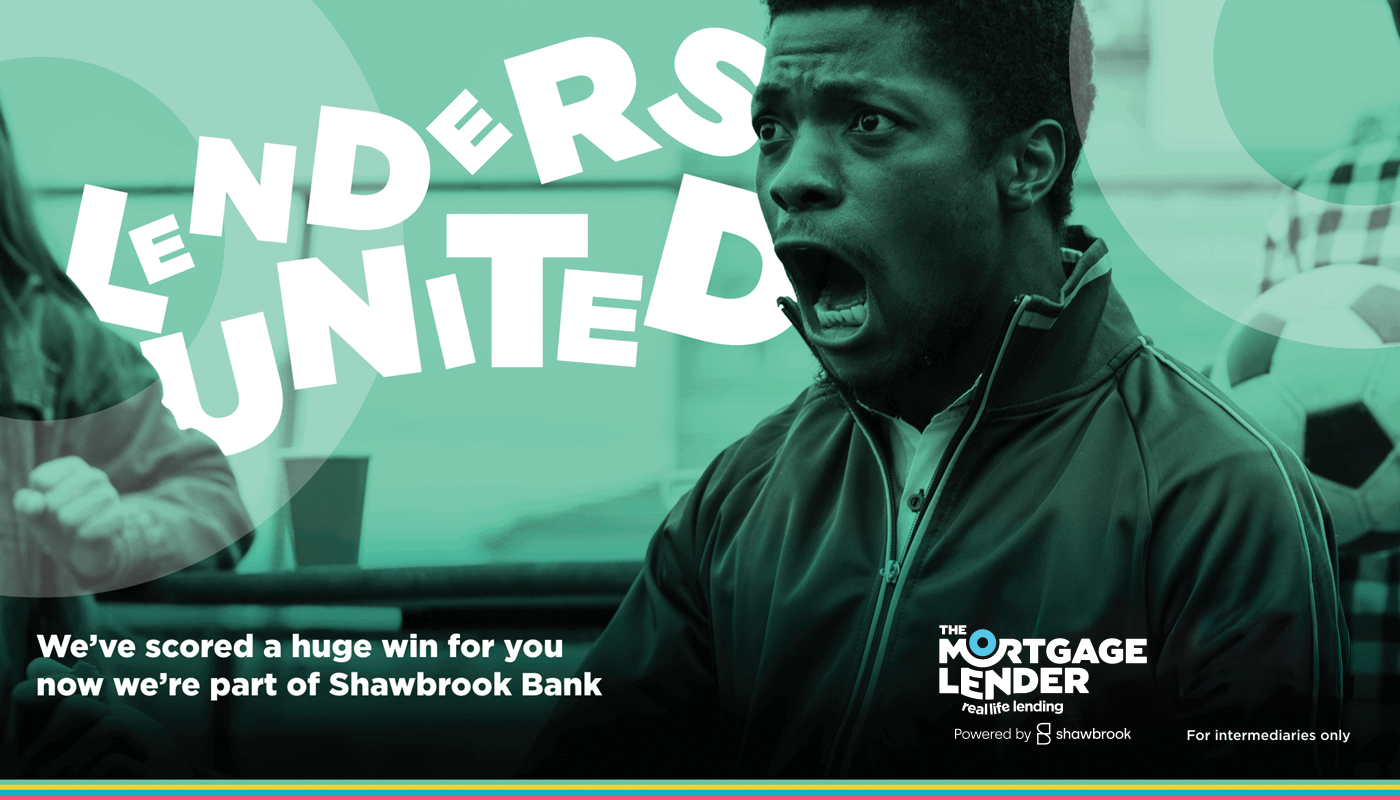 Man wearing a zip-up jacket reacts with his mouth open while watching a football match. A football and goal net appear in the background. Large text reads “Lenders United.” Smaller text reads “We’ve scored a huge win for you now we’re part of Shawbrook Bank,” alongside The Mortgage Lender logo.
