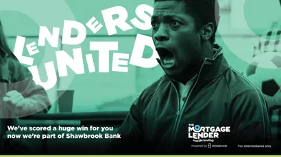 Man wearing a zip-up jacket reacts with his mouth open while watching a football match. A football and goal net appear in the background. Large text reads “Lenders United.” Smaller text reads “We’ve scored a huge win for you now we’re part of Shawbrook Bank,” alongside The Mortgage Lender logo.