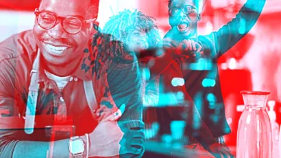 Man wearing glasses and an apron smiles while leaning on a counter. Overlaid in the background are scenes of people cheering and gesturing with raised arms.