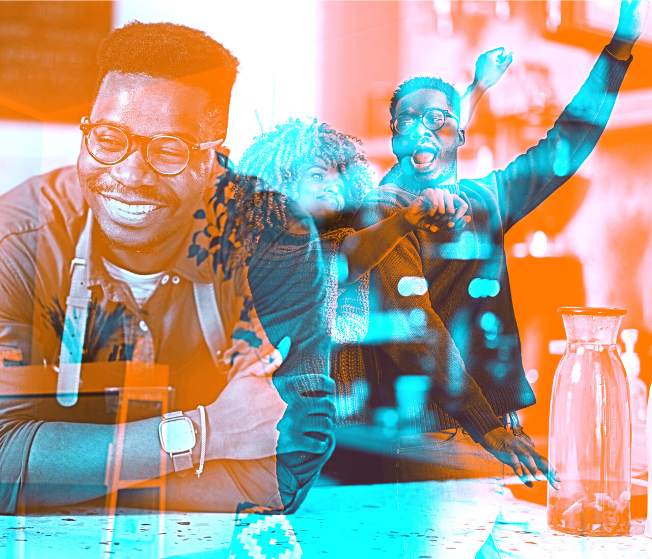 Man wearing glasses and an apron smiles while leaning on a counter. Overlaid in the background are scenes of people cheering and gesturing with raised arms.