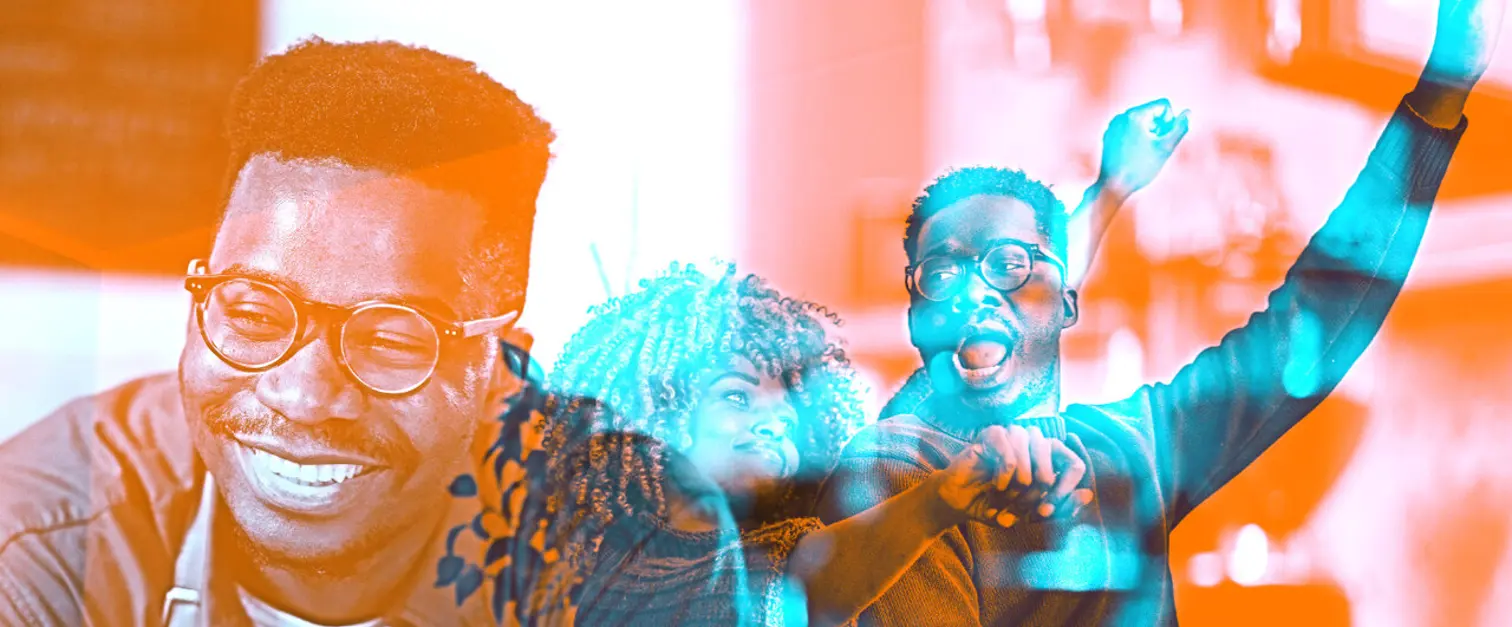 Man wearing glasses and an apron smiles while leaning on a counter. Overlaid in the background are scenes of people cheering and gesturing with raised arms.