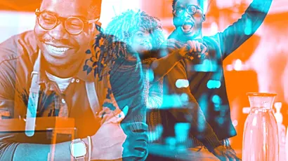 Man wearing glasses and an apron smiles while leaning on a counter. Overlaid in the background are scenes of people cheering and gesturing with raised arms.