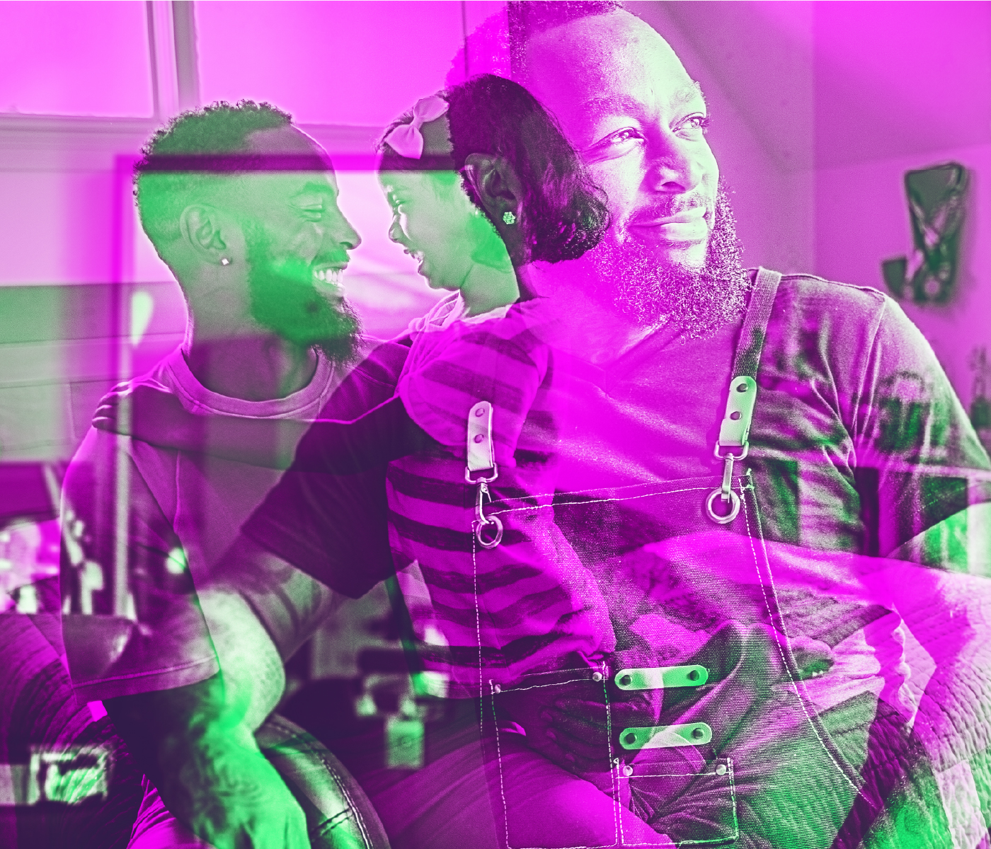 Man with a beard sits holding a young child on his lap while looking to the side. The same man appears again in a layered view smiling at the child.