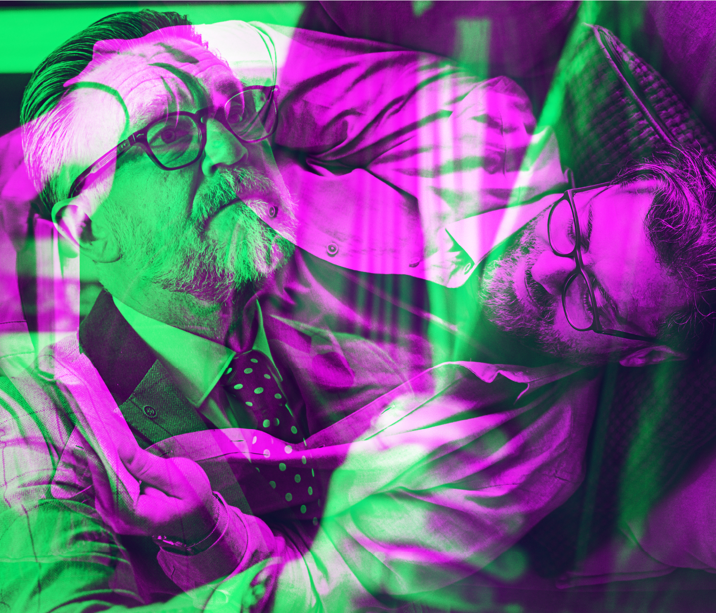 Man with glasses and a beard reclines on a sofa, looking upward. The same man appears again in a second layered view. The image features strong pink and green colour overlays and abstract visual effects.
