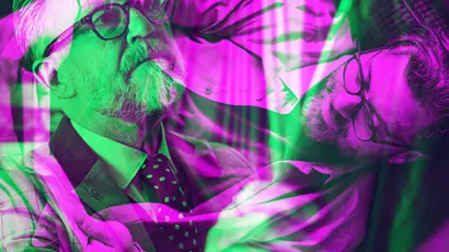 Man with glasses and a beard reclines on a sofa, looking upward. The same man appears again in a second layered view. The image features strong pink and green colour overlays and abstract visual effects.