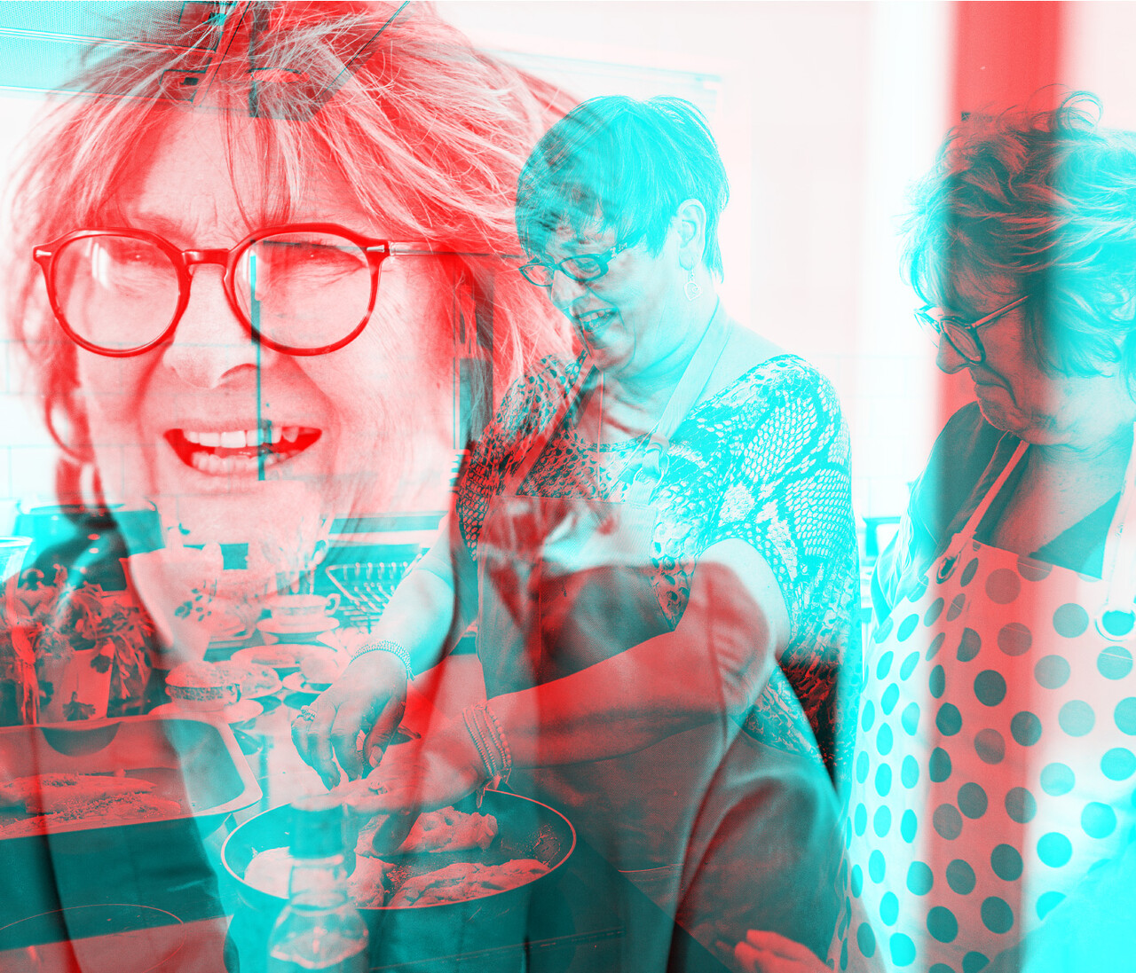 Woman wearing glasses and an apron prepares food in a kitchen. The same woman appears again in layered views, with another woman standing beside her