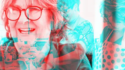 Woman wearing glasses and an apron prepares food in a kitchen. The same woman appears again in layered views, with another woman standing beside her