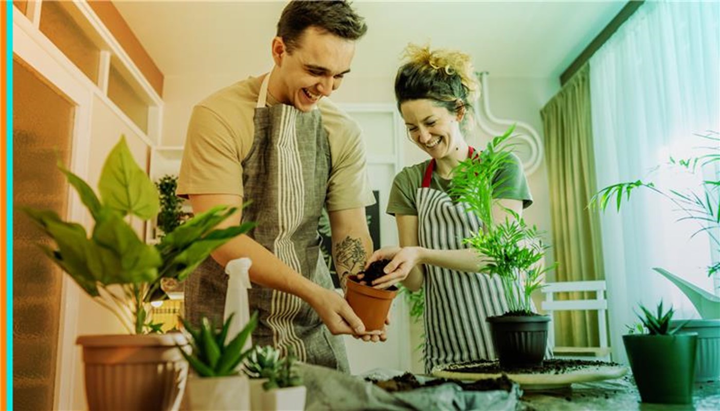 Two people wearing aprons stand at a table potting a houseplant together.
