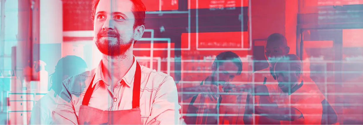 Male carpenter wearing an apron stands in the foreground looking upward. In the background, the same man appears working alongside others. The image includes layered scenes and coloured overlay effects.