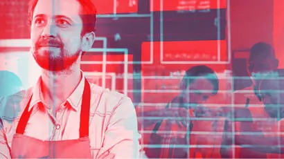 Male carpenter wearing an apron stands in the foreground looking upward. In the background, the same man appears working alongside others. The image includes layered scenes and coloured overlay effects.