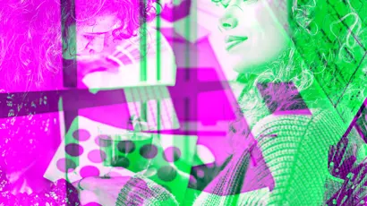 Female interior designer with curly hair holds a small cup while looking to the side. The image shows layered views of the same person and nearby objects.