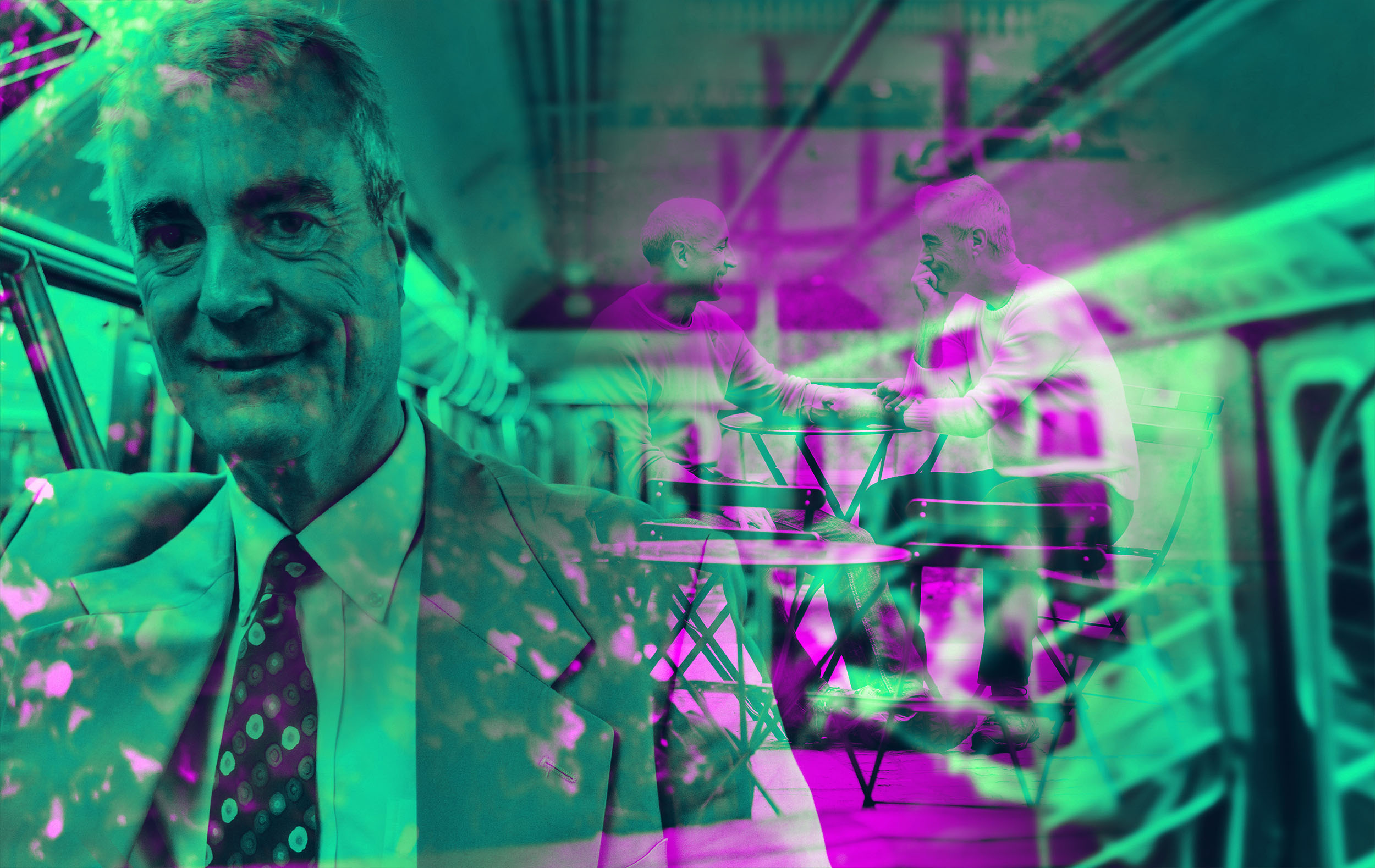 Close-up of an older man wearing a suit and tie, standing inside a train carriage. Overlaid in the background is the same man sitting at a small outdoor table with another person. The image uses coloured overlays and layered visual effects.