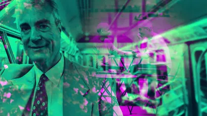 Close-up of an older man wearing a suit and tie, standing inside a train carriage. Overlaid in the background is the same man sitting at a small outdoor table with another person. The image uses coloured overlays and layered visual effects.