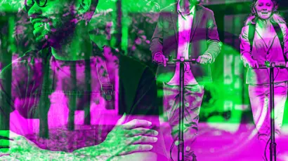 Man wearing glasses appears in the foreground looking to the side. In the background, a man and a woman wearing helmets ride electric scooters along a paved path.