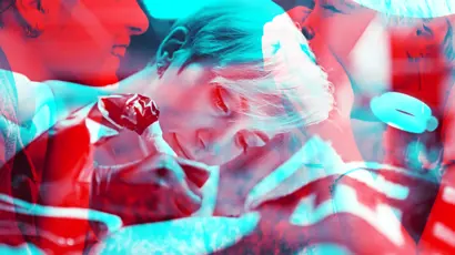 Close-up of a child concentrating while drawing or writing, with two adults close by offering support. The image shows overlapping views of their faces and hands, with red and blue colour overlays and layered visual effects.