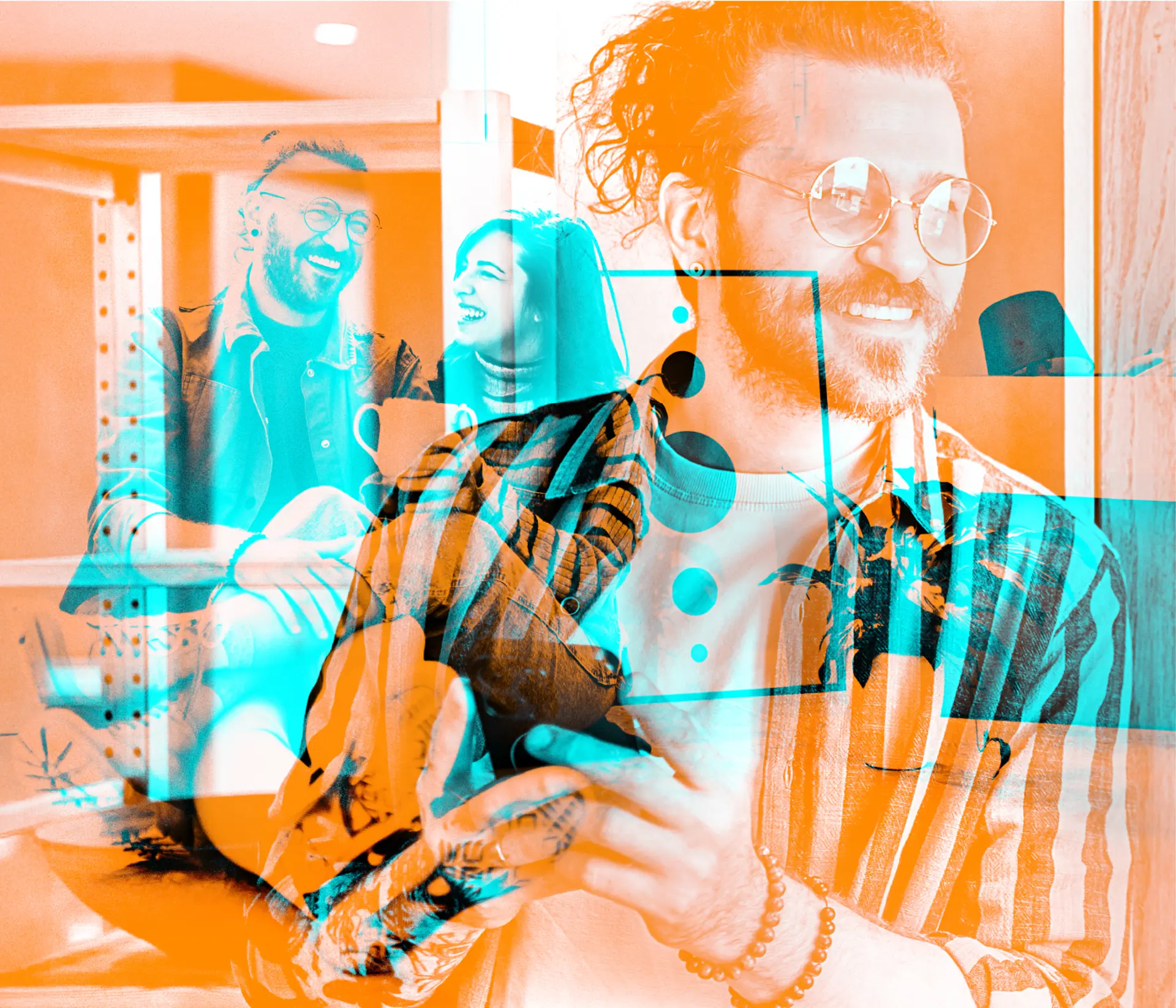 Man with glasses and a beard stands in the foreground smiling and holding a cup. The same man appears again in the background sitting and laughing with another person. The image uses layered scenes with orange and blue colour overlays and graphic elements.