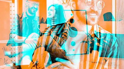 Man with glasses and a beard stands in the foreground smiling and holding a cup. The same man appears again in the background sitting and laughing with another person. The image uses layered scenes with orange and blue colour overlays and graphic elements.